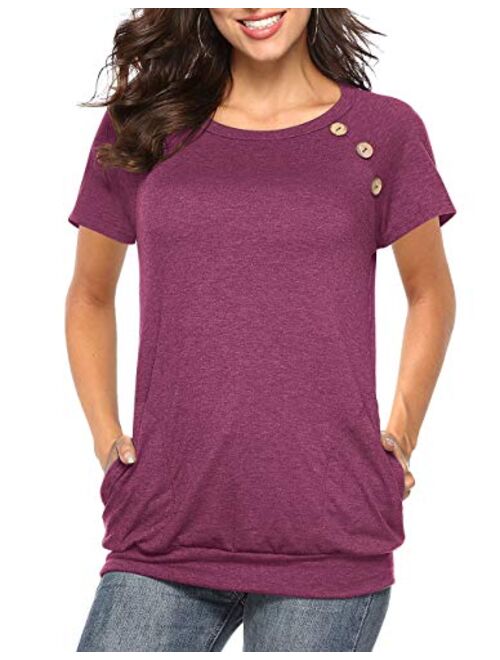 Defal Womens Summer Short Sleeve Round Neck Quick Dry Cool Tunic Tops Loose Gym Workout T-Shirt with Pockets