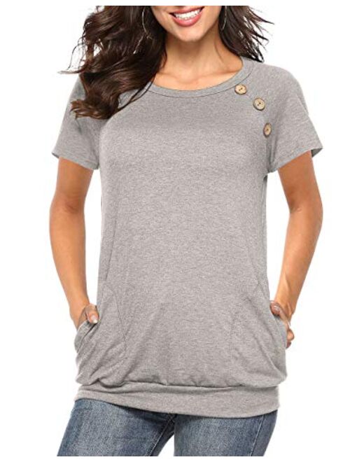 Defal Womens Summer Short Sleeve Round Neck Quick Dry Cool Tunic Tops Loose Gym Workout T-Shirt with Pockets