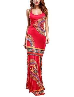 Amoretu Women Boho Floral Sleeveless Dashiki Maxi Long Evening Cocktail Dress