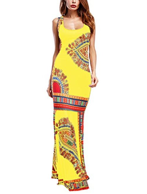 Amoretu Women Boho Floral Sleeveless Dashiki Maxi Long Evening Cocktail Dress