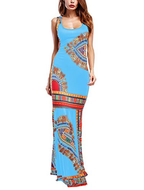 Amoretu Women Boho Floral Sleeveless Dashiki Maxi Long Evening Cocktail Dress