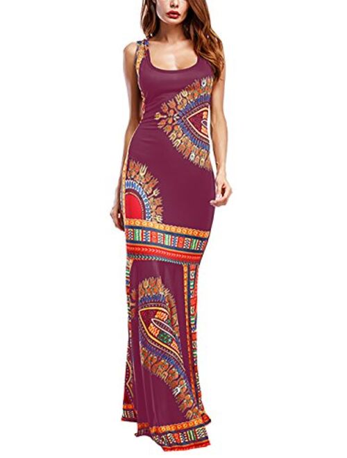 Amoretu Women Boho Floral Sleeveless Dashiki Maxi Long Evening Cocktail Dress