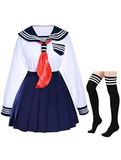 Japanese School Girls Uniform Sailor Navy Blue Pleated Skirt Anime Cosplay Costumes with Socks Set(SSF13)