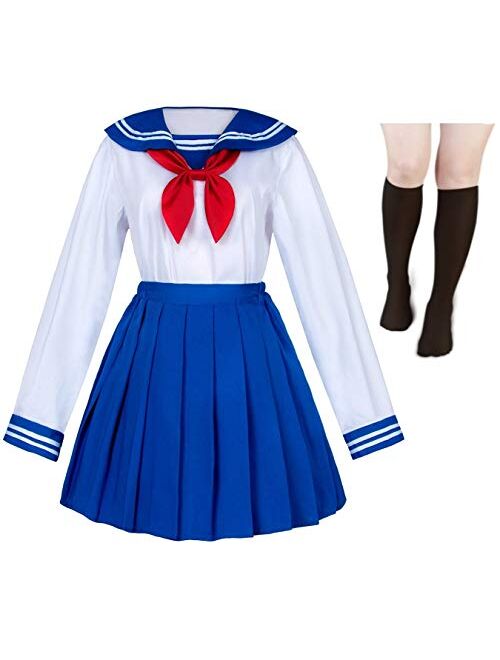 Japanese School Girls Uniform Sailor Navy Blue Pleated Skirt Anime Cosplay Costumes with Socks Set(SSF13)