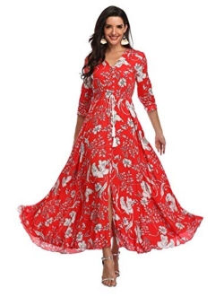 Summer Floral Print Maxi Dress Women Button Up Split Long Flowy Bohemian Beach Party Dresses