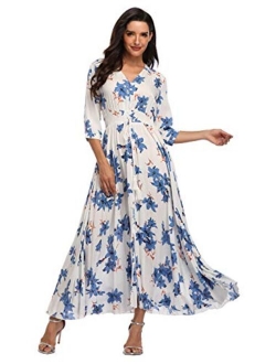 Summer Floral Print Maxi Dress Women Button Up Split Long Flowy Bohemian Beach Party Dresses