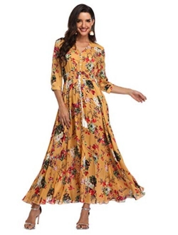 Summer Floral Print Maxi Dress Women Button Up Split Long Flowy Bohemian Beach Party Dresses