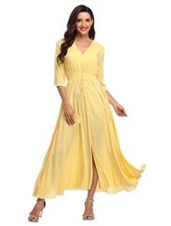 Summer Floral Print Maxi Dress Women Button Up Split Long Flowy Bohemian Beach Party Dresses