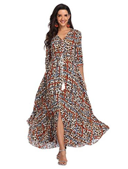 Summer Floral Print Maxi Dress Women Button Up Split Long Flowy Bohemian Beach Party Dresses