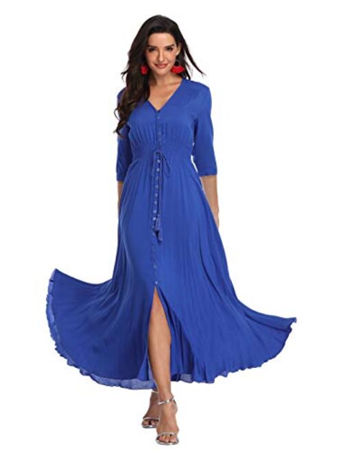 Summer Floral Print Maxi Dress Women Button Up Split Long Flowy Bohemian Beach Party Dresses