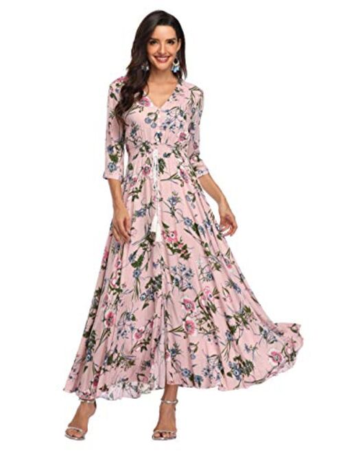 Summer Floral Print Maxi Dress Women Button Up Split Long Flowy Bohemian Beach Party Dresses