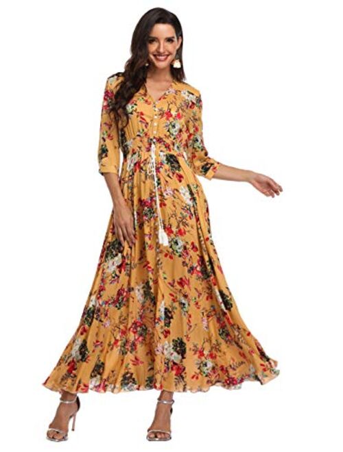 Summer Floral Print Maxi Dress Women Button Up Split Long Flowy Bohemian Beach Party Dresses