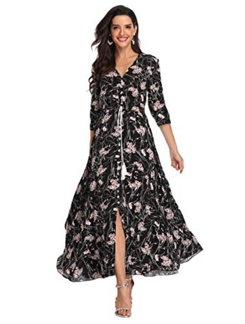 Summer Floral Print Maxi Dress Women Button Up Split Long Flowy Bohemian Beach Party Dresses