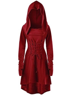 Gemijack Womens Renaissance Costumes Hooded Robe Lace Up Vintage Pullover High Low Long Hoodie Dress Cloak