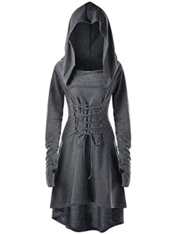 Gemijack Womens Renaissance Costumes Hooded Robe Lace Up Vintage Pullover High Low Long Hoodie Dress Cloak