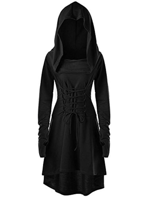 Gemijack Womens Renaissance Costumes Hooded Robe Lace Up Vintage Pullover High Low Long Hoodie Dress Cloak