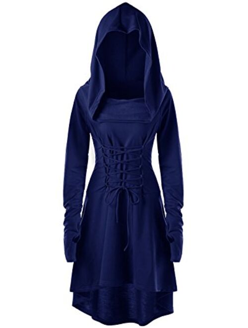 Gemijack Womens Renaissance Costumes Hooded Robe Lace Up Vintage Pullover High Low Long Hoodie Dress Cloak