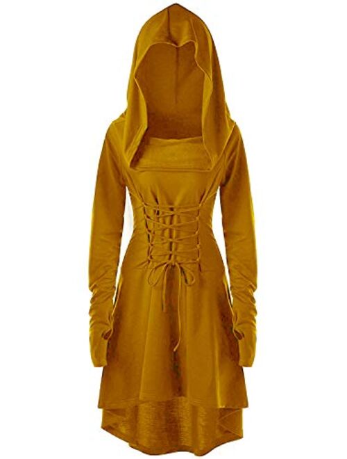 Gemijack Womens Renaissance Costumes Hooded Robe Lace Up Vintage Pullover High Low Long Hoodie Dress Cloak