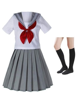 Japanese School Girls Short Sleeve Uniform Sailor Navy Blue Pleated Skirt Anime Cosplay Costumes with Socks Set