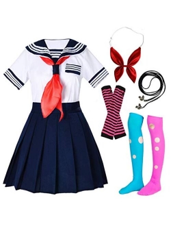 Japanese School Girls Short Sleeve Uniform Sailor Navy Blue Pleated Skirt Anime Cosplay Costumes with Socks Set