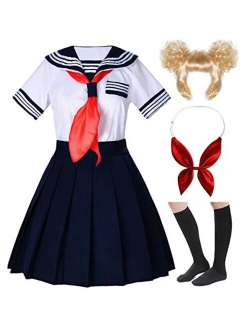 Japanese School Girls Short Sleeve Uniform Sailor Navy Blue Pleated Skirt Anime Cosplay Costumes with Socks Set