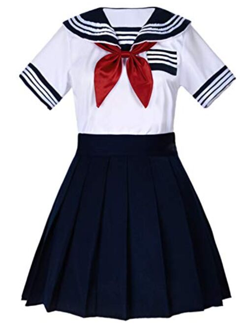 Japanese School Girls Short Sleeve Uniform Sailor Navy Blue Pleated Skirt Anime Cosplay Costumes with Socks Set