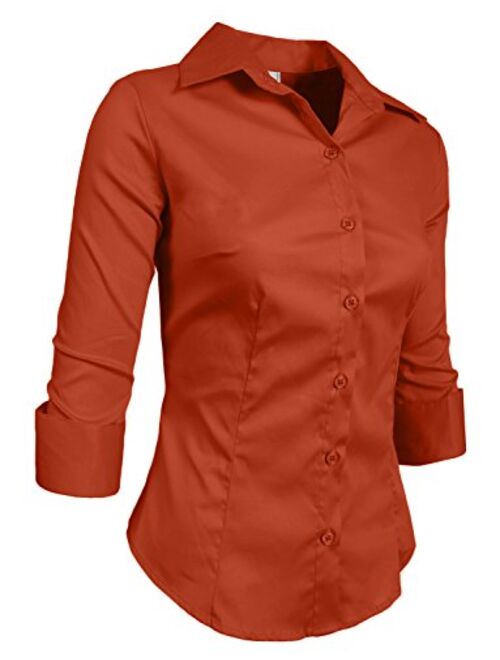 NE PEOPLE Womens Simple Stretch Slim Fit 3/4 Sleeve Roll Up Cotton Button Down Basic Solid Shirt (S-6XL)