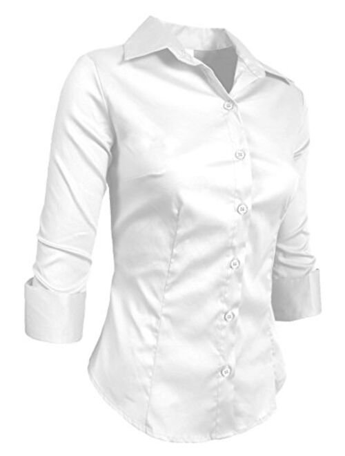 NE PEOPLE Womens Simple Stretch Slim Fit 3/4 Sleeve Roll Up Cotton Button Down Basic Solid Shirt (S-6XL)