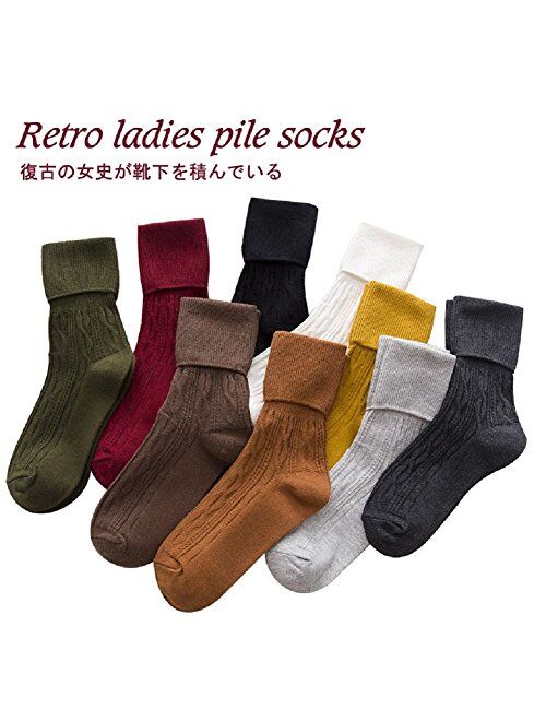 Sookiay 9 Pairs Women's Crew Socks Cotton Knit Soft Turn Cuff Socks