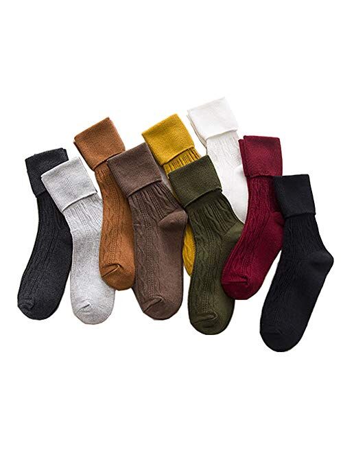 Sookiay 9 Pairs Women's Crew Socks Cotton Knit Soft Turn Cuff Socks