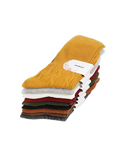 Sookiay 9 Pairs Women's Crew Socks Cotton Knit Soft Turn Cuff Socks