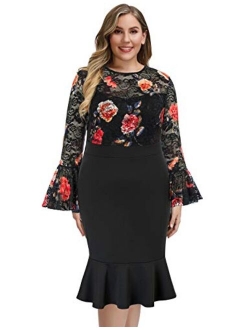 Hanna Nikole Womens Bell Sleeves Lace Top Plus Size Cocktail Party Mermaid Dress