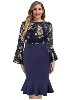 Hanna Nikole Womens Bell Sleeves Lace Top Plus Size Cocktail Party Mermaid Dress