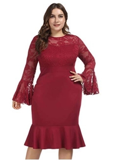 Hanna Nikole Womens Bell Sleeves Lace Top Plus Size Cocktail Party Mermaid Dress