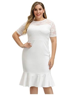 Hanna Nikole Womens Bell Sleeves Lace Top Plus Size Cocktail Party Mermaid Dress