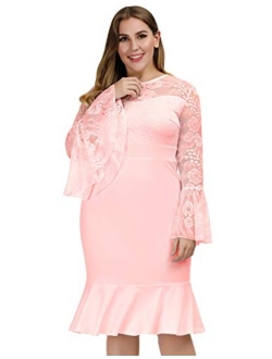 Hanna Nikole Womens Bell Sleeves Lace Top Plus Size Cocktail Party Mermaid Dress