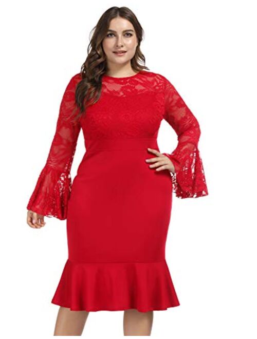 Hanna Nikole Womens Bell Sleeves Lace Top Plus Size Cocktail Party Mermaid Dress