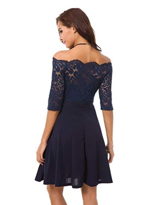 Atnlewhi Womens Vintage Lace Off Shoulder Puffy Swing Dresses Sexy Mini Dress for Party Cocktail