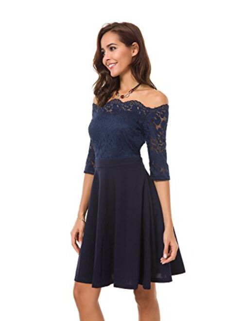 Atnlewhi Womens Vintage Lace Off Shoulder Puffy Swing Dresses Sexy Mini Dress for Party Cocktail