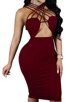 TOB Women's Sexy Bodycon Sleeveless Basic Criss Cross Lace Up Club Midi Dress