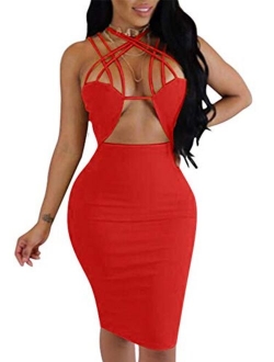 TOB Women's Sexy Bodycon Sleeveless Basic Criss Cross Lace Up Club Midi Dress