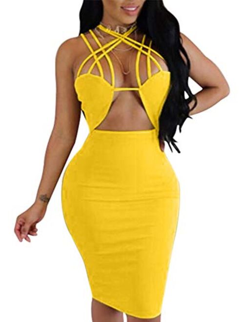 TOB Women's Sexy Bodycon Sleeveless Basic Criss Cross Lace Up Club Midi Dress