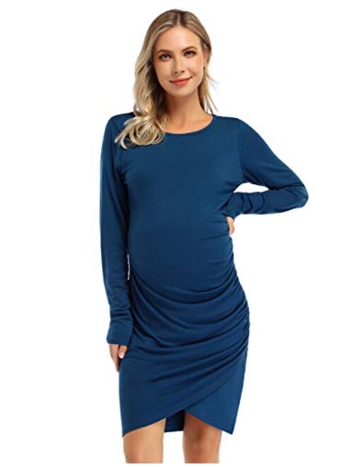 Coolmee Womens Maternity Dresses Casual Ruched Short Sleeve Irregular Bodycon Mini Dress for Women