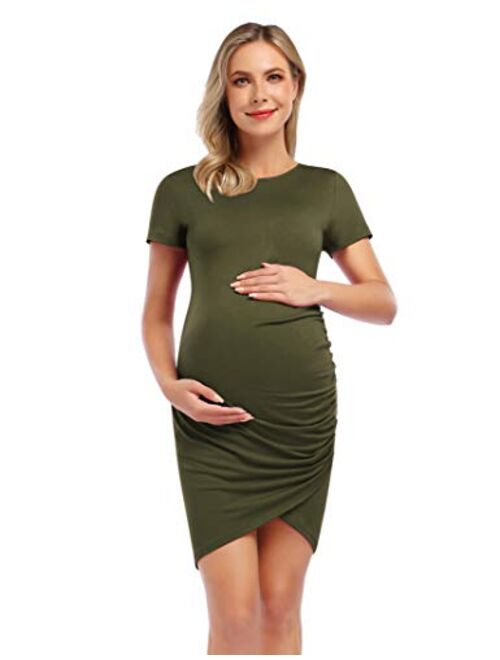 Coolmee Womens Maternity Dresses Casual Ruched Short Sleeve Irregular Bodycon Mini Dress for Women