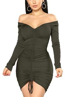 XXTAXN Women's Sexy Elegant Long Sleeve Off The Shoulder Ruched Mini Dress