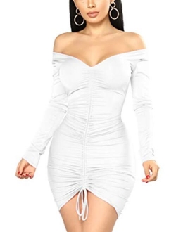 XXTAXN Women's Sexy Elegant Long Sleeve Off The Shoulder Ruched Mini Dress