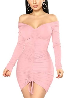 XXTAXN Women's Sexy Elegant Long Sleeve Off The Shoulder Ruched Mini Dress