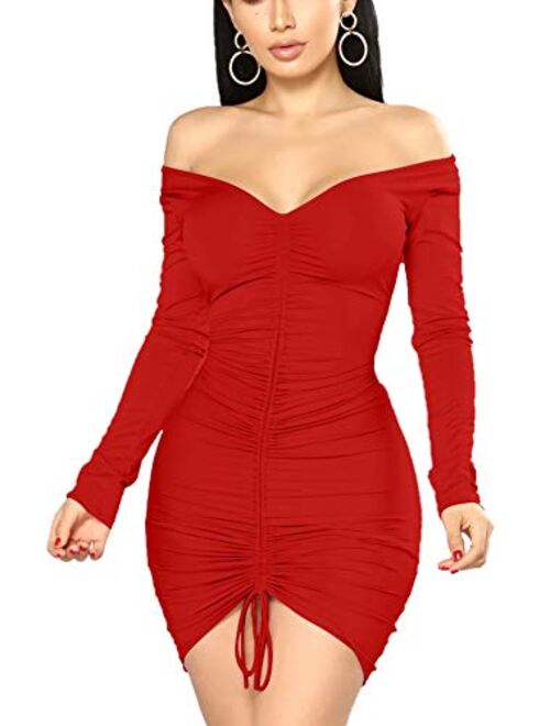 XXTAXN Women's Sexy Elegant Long Sleeve Off The Shoulder Ruched Mini Dress