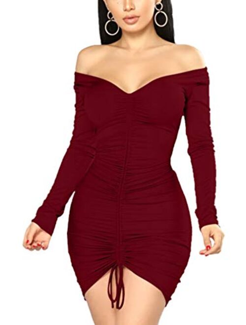 XXTAXN Women's Sexy Elegant Long Sleeve Off The Shoulder Ruched Mini Dress