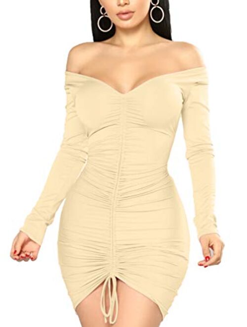 XXTAXN Women's Sexy Elegant Long Sleeve Off The Shoulder Ruched Mini Dress